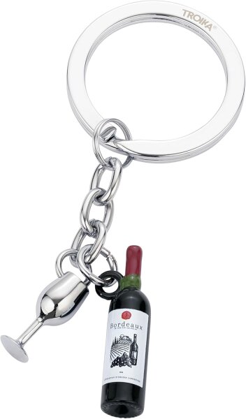 TROIKA BORDEAUX Keyring, die-cast metal, glossy, with wine bottle and wine glass, green/silver, stylish and functional.