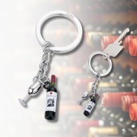 TROIKA BORDEAUX Keyring, die-cast metal, glossy, with wine bottle and wine glass, green/silver, stylish and functional.