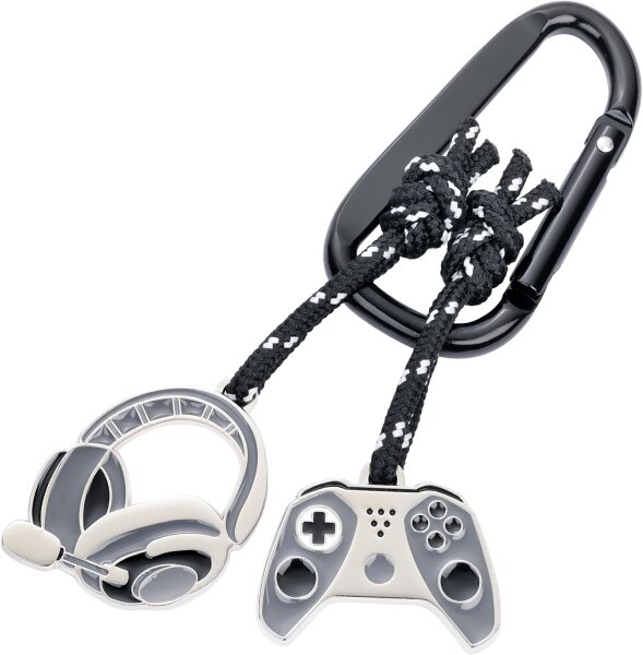 TROIKA GAMING Keyring, 2 pendants (controller, headset), die-cast metal, chrome-plated, grey/black/silver, decorative climbing rope
