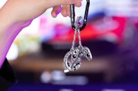 TROIKA GAMING Keyring, 2 pendants (controller, headset), die-cast metal, chrome-plated, grey/black/silver, decorative climbing rope