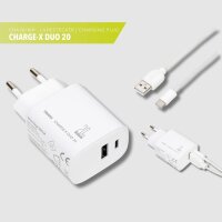 TROIKA Charge-X Duo 20, charging plug, 20W, USB-C & USB-A, simultaneous charging, GaN fast charging, plastic, white.