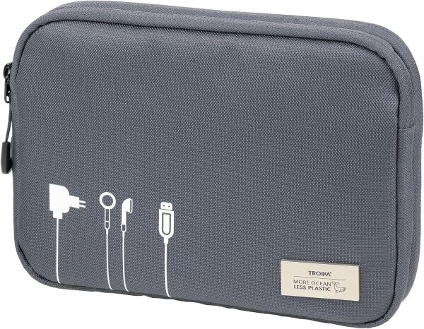 TROIKA Kabeltasche Blue Cycle TECH Pouch – 6 Netzfächer, Hauptfach mit Geheimfach für Tracking-Geräte, aus recyceltem Meeresplastik, dunkelgrau.