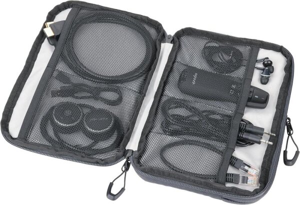 TROIKA Cable Bag Blue Cycle TECH Pouch – 6 mesh compartments, main compartment with secret compartment for tracking devices, made from recycled ocean plastic, dark grey.