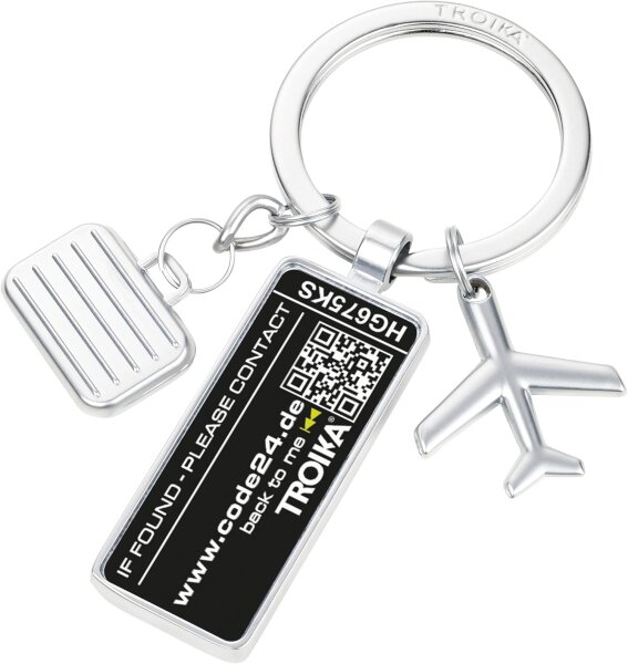 TROIKA key fob CODE24, address tag, 3 charms: airplane, suitcase, plaque, incl. 2 year lost and found service, chrome-plated, silver.