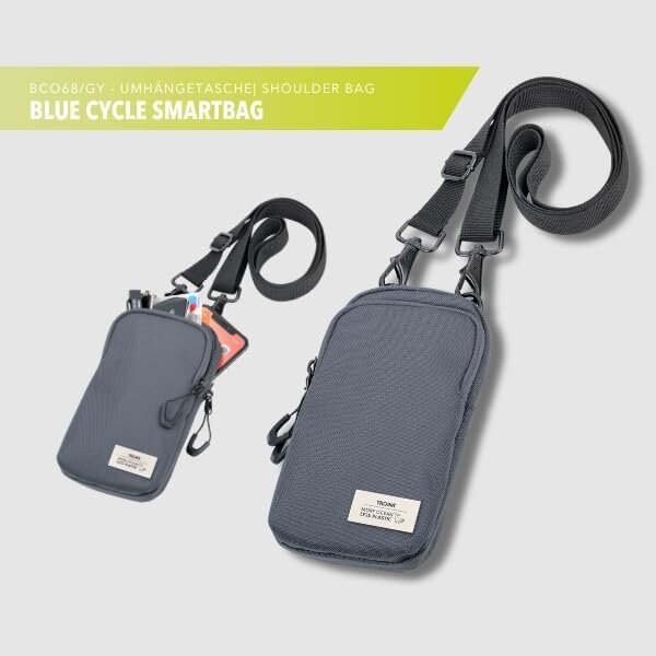 TROIKA BLUE CYCLE SMARTBAG, Umhängetasche, Fach für Visitenkarten, Schlüssel, Bargeld, Kopfhörer, verstellbarer Gurt, aus recyceltem Meeresplastik, dunkelgrau.