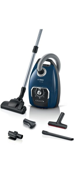 BOSCH Series 8 BGL8XPER vacuum cleaner, allergy-friendly, hygiene filter, XXL upholstery nozzle, quiet, long cable, blue.