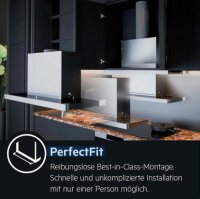 AEG DPE5660B flat screen hood, high-performance motor, exhaust/recirculation operation, LED light strip, efficient kitchen ventilation.