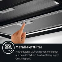 AEG DPE5660B flat screen hood, high-performance motor, exhaust/recirculation operation, LED light strip, efficient kitchen ventilation.