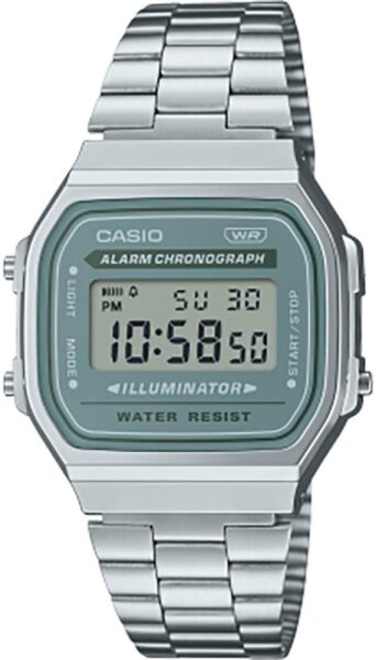 Casio, A168WG-9, Digitaluhr, hellgrau, klassisches Design, LED-Anzeige, wasserdicht, Alugehäuse, langlebig.