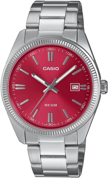 Casio unisex wristwatch, quartz, stainless steel/red, sporty, waterproof, durable, modern design, versatile.