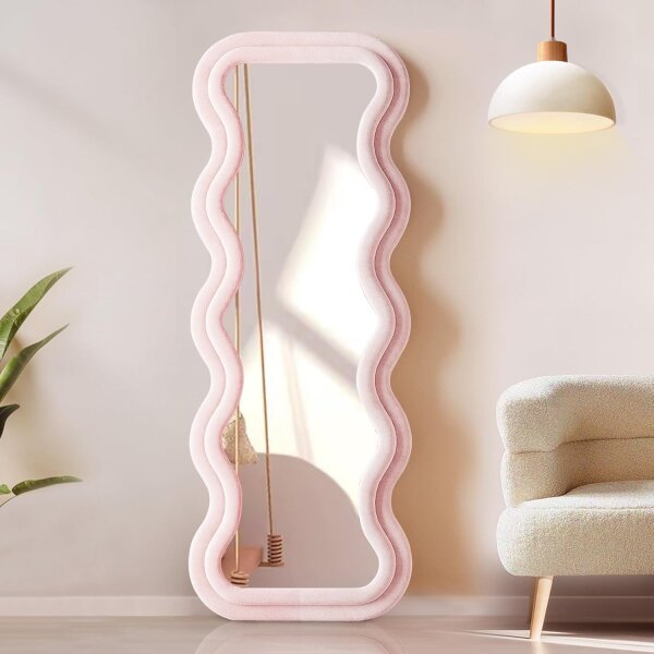 YOSHOOT Wavy Mirror, 60x160cm, Ganzkörperspiegel, unregelmäßig, rosa, ideal für Schlafzimmer und Wohnzimmer, wandliegend.