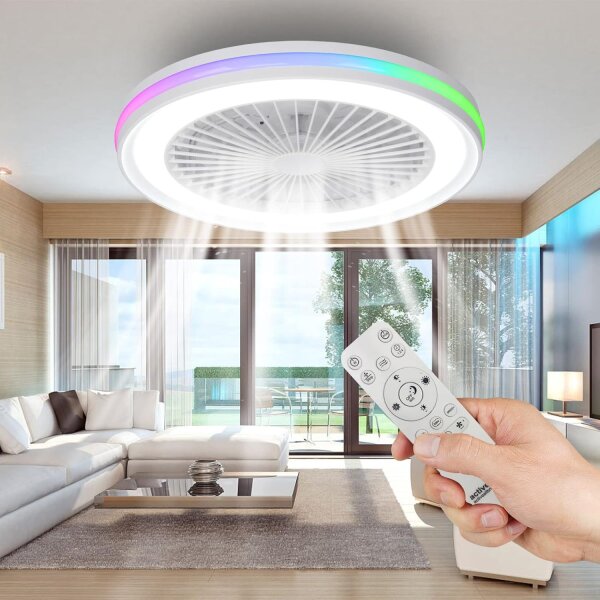 RGB ceiling fan, 20W DC motor, 40W LED, 3000K-6500K, remote control, 10-13 m², Ø47 cm, energy class F.