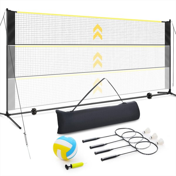 Vanku 17ft Volleyball Net, Badminton Set, height adjustable, incl. 4 rackets, 3 feather shuttlecocks, 1 volleyball, ideal for outdoor use.