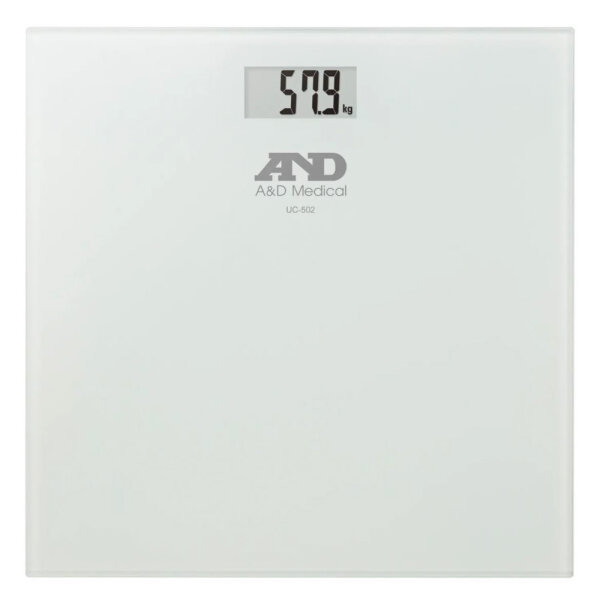 A&D Medical UC-502, glass personal scale, precise weight measurement, modern design, large LCD display, max 180 kg.