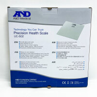 A&D Medical UC-502, glass personal scale, precise weight measurement, modern design, large LCD display, max 180 kg.