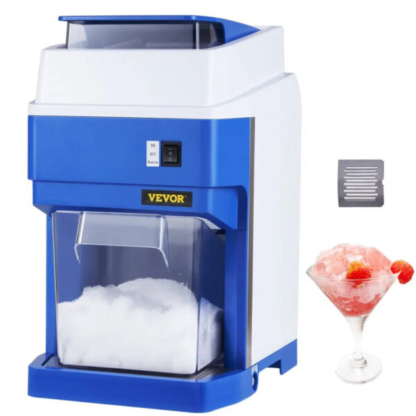 VEVOR ice crusher, energy saving, plastic bowl, ideal for cocktails and smoothies, compact design.