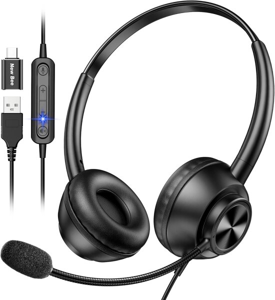 New Bee USB Headset, PC Headset, USB-A & USB-C, adjustable microphone, ideal for call centers, conference calls, Skype, online courses.