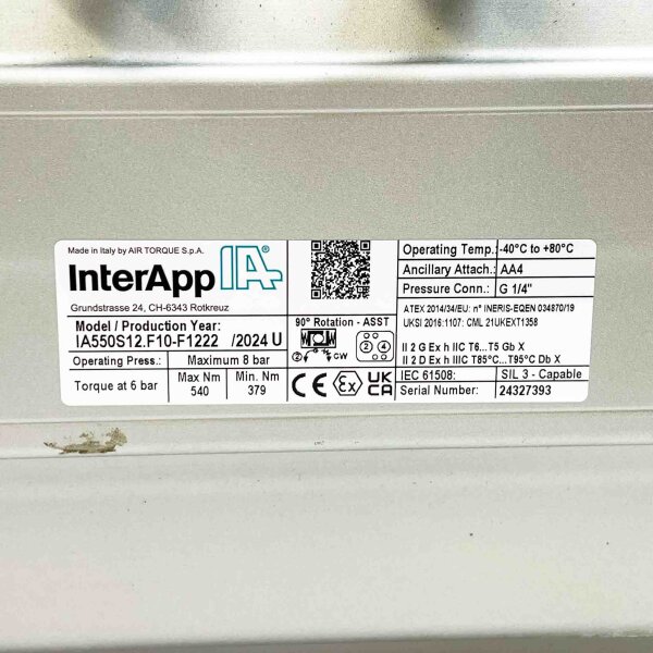 InterApp IA550S12.F10-F1222, Ventil, -40°C bis +80°C, AA4, G 1/4", max. 8 bar, Federrückstellantrieb.