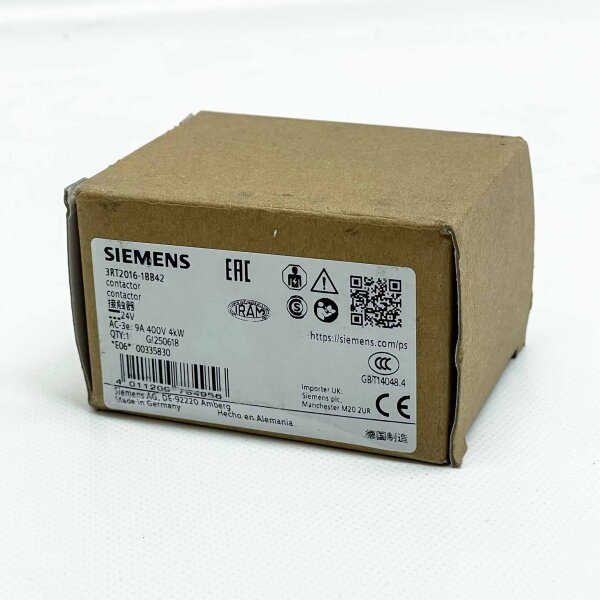SIEMENS 3RT2016-1BB42, motor contactor, 400V, 4kW, reliable protection for electric motors, compact design.
