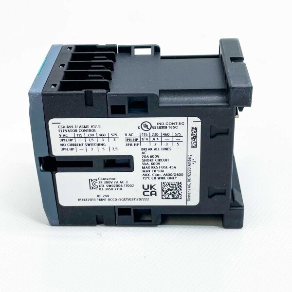 Siemens 3RT2015-1BB41-0CC0, AC-3e contactor, 7A/3kW/400V, 3-pole, DC24V, compact control solution.