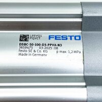 Festo DSBC-50-100-D3-PPVA-N3, standard cylinder, max 1.2 MPa, compact, robust, for precise motion control.
