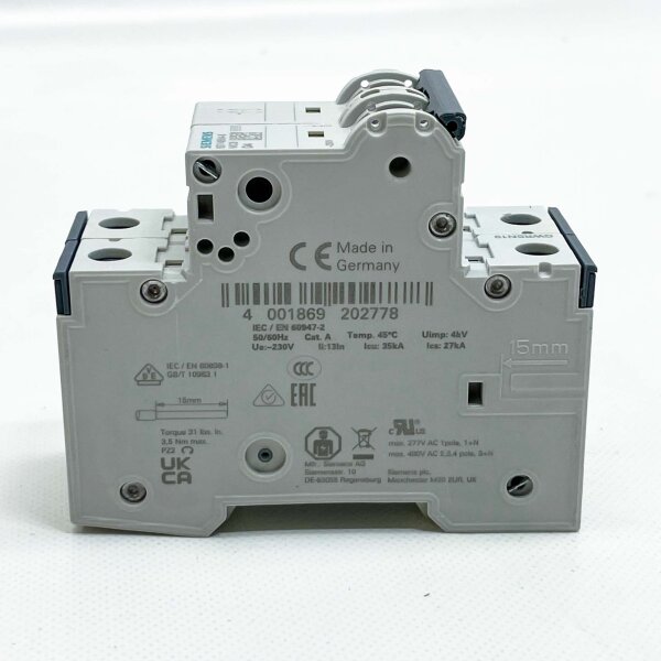 SIEMENS 5SY4504-8, Miniature Circuit Breaker, 230V, 10kA, 1+N-pole, D, 4A, T=70mm