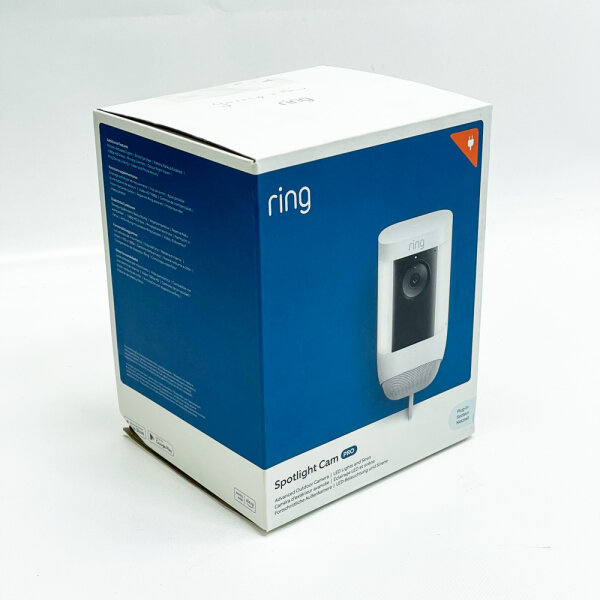 Ring Spotlight Cam Pro, Plug-In White, Wi-Fi CCTV, 1080p HDR, without accessories, high-quality security camera.