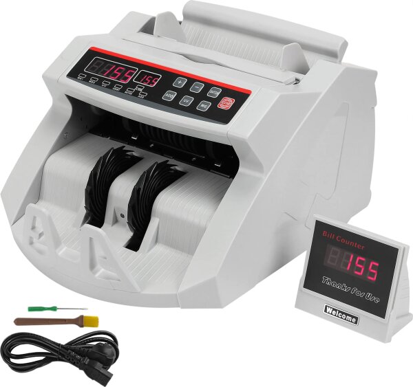 VEVOR 0288 Money Counting Machine White – Counterfeit Detection (UV+MG), 1000 coins/min, LED Display