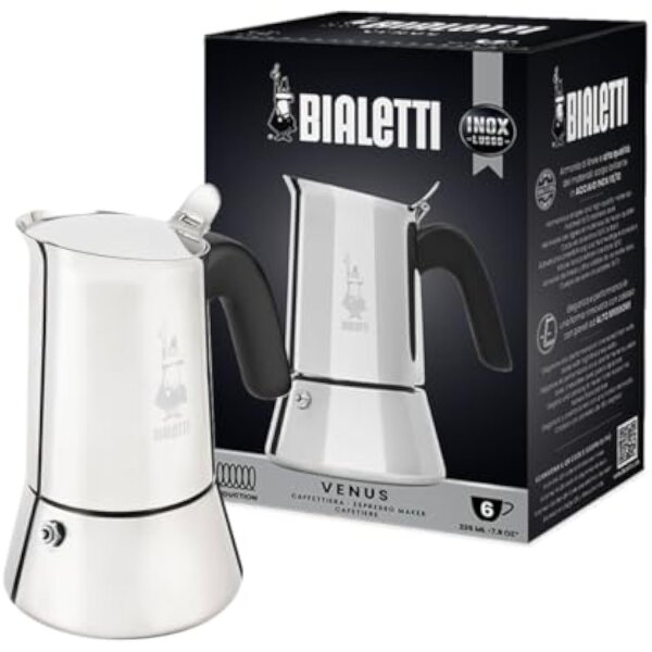 Bialetti Venus Induction – Stovetop Espresso Maker, 6 cups, 235 ml, induction compatible, aluminum with stainless steel base, silver