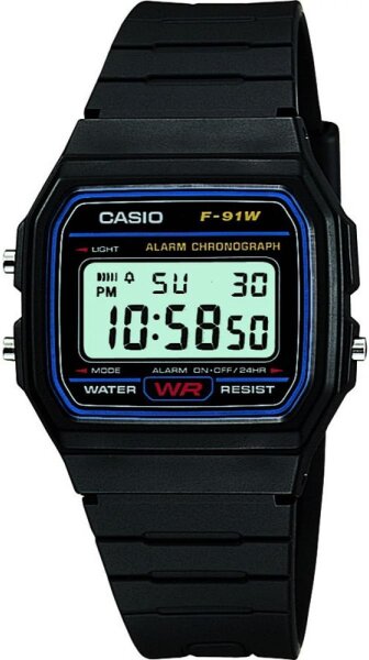 Casio F-91W Unisex Digital-Armbanduhr, LED-Licht, Stoppuhr, Alarm, 3 ATM wasserdicht, Resingehäuse, leicht