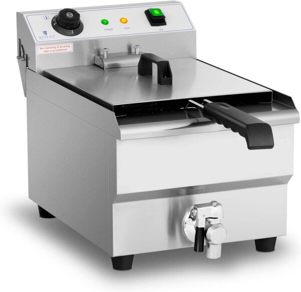 Royal Catering Elektro-Fritteuse, 13 l, 3.200 W, 50–200 °C, Ablasshahn, Edelstahl, Gastro