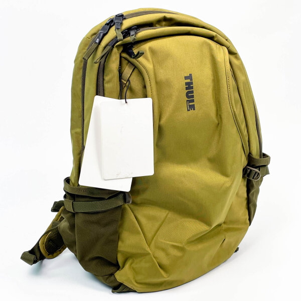Thule Sweden backpack, olive green, with shoulder strap, many compartments & 2 drink holders, versatile use