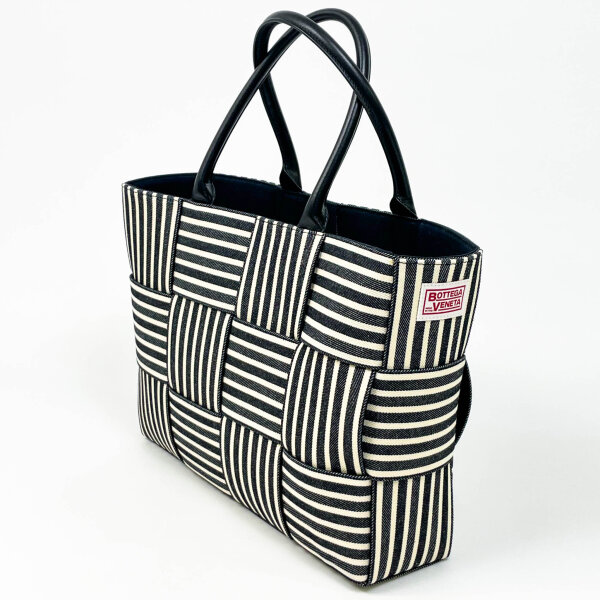 Bottega Veneta Arco medium-sized tote bag, denim, striped, navy/white/black, without original packaging, fashionable & spacious