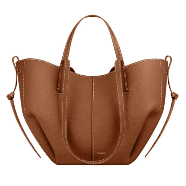 Polène Cyme Mini Handbag, Camel, grained leather, compact, elegant design, shoulder strap, high-quality workmanship