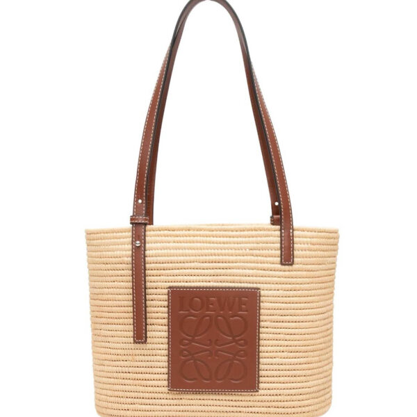 Loewe Strohtasche quadratisch, beige-braun, Henkel aus Leder, geflochten, Sommer-Accessoire, geräumig