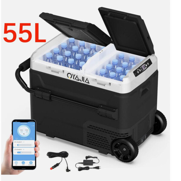OYAJIA 55L Compressor Cooler Box, Car Refrigerator, 12/24V, Dual-Zone, Freezing Function, App Control, Portable