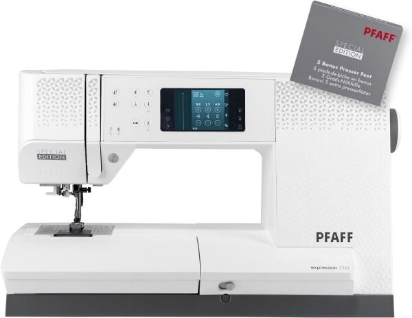PFAFF expression 710 Special Edition sewing machine, computer-controlled, IDT system, 247 stitches, color touchscreen