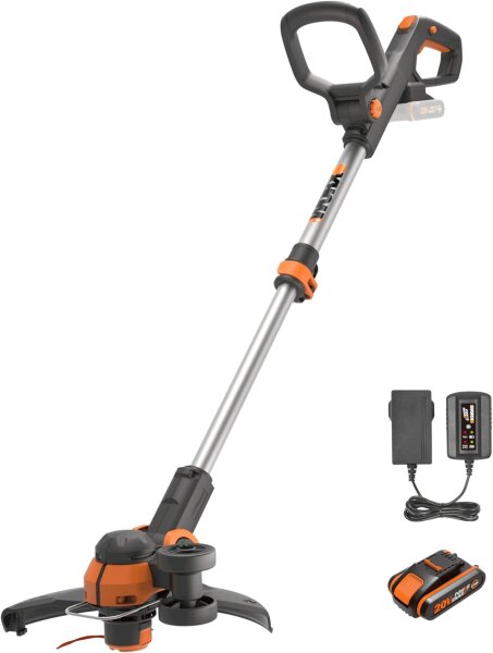 WORX WG163E.1 Cordless Grass Trimmer 20V, 30cm Cutting Width, incl. Battery, Charger, Spool, Edge Cutting Wheel, Safety Guard