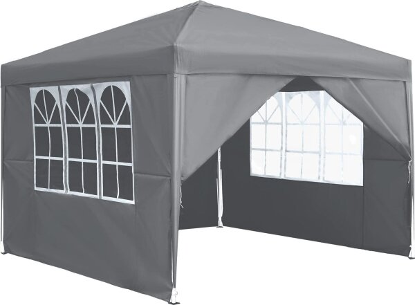 LifeGoods Party Tent 3x3m, Pavilion with Windows, Waterproof, Quick Setup, incl. Carry Bag with Wheels, Grey