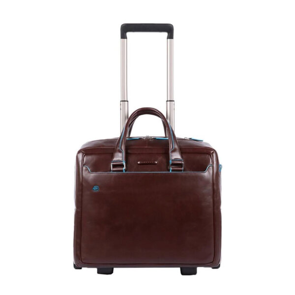 Piquadro Blue Square Mens Briefcase with Wheels, Brown Leather, 36x40x16cm, Trolley Function, Organizer, Laptop Compartment