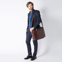 Piquadro Blue Square Mens Briefcase with Wheels, Brown Leather, 36x40x16cm, Trolley Function, Organizer, Laptop Compartment