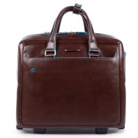 Piquadro Blue Square Mens Briefcase with Wheels, Brown Leather, 36x40x16cm, Trolley Function, Organizer, Laptop Compartment
