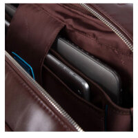 Piquadro Blue Square Mens Briefcase with Wheels, Brown Leather, 36x40x16cm, Trolley Function, Organizer, Laptop Compartment