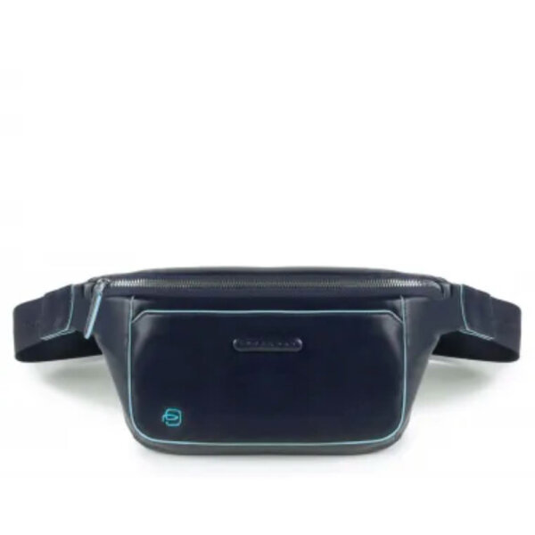 Piquadro B2 Mens Leather Belt Bag, Large Main Compartment, Zipper, Front Pocket, Blue Square, 32x14x7cm