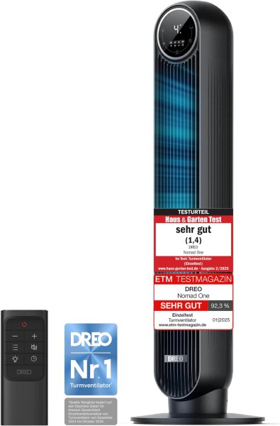 Dreo Nomad One tower fan, 20dB, 10m range, 4 speeds/modes, timer, oscillating, remote control, quiet, black