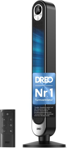 Dreo Turmventilator, Standventilator, 20dB leise, 11m Reichweite, 9 Stufen, 4 Modi, 90° oszillierend, Fernbedienung, Timer