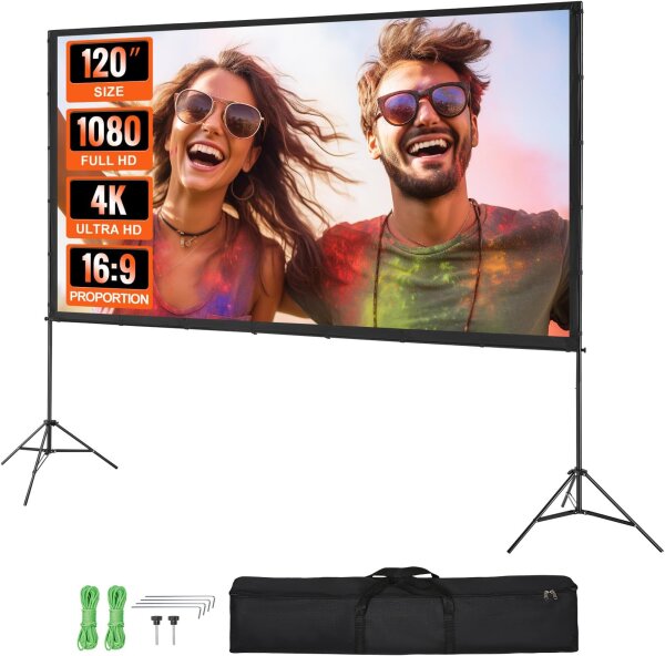 VEVOR Projector Screen 120" 16:9, foldable, portable, HD 4K, incl. stand, for home cinema, outdoor, camping, events