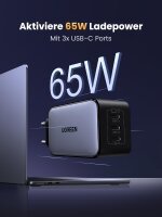 UGREEN Nexode 65W GaN USB-C Ladegerät, 3 Ports, Schnellladen, kompakt, für MacBook, iPhone 17, Galaxy S24, HP Laptop