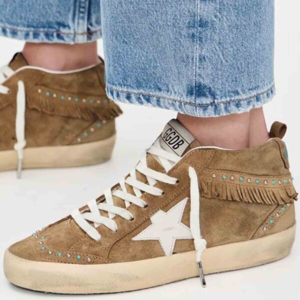 Golden Goose Mid Top Studded Sneakers, EUR 39, Leather, Womens, Studs, White-Silver, Sporty, Fashionable