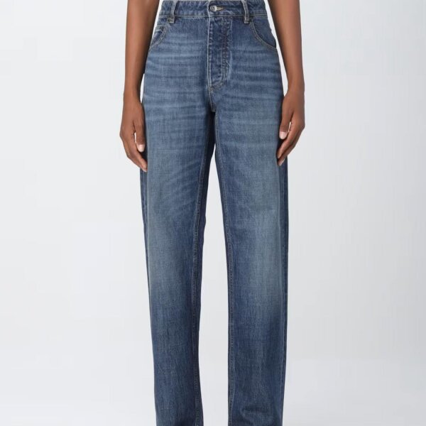 Bottega Veneta womens jeans, size 44, blue, five-pocket, high waist, straight fit, luxury denim